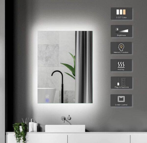 prifayer 32 x 24 Backlit LED Bathroom Mirror with Lights Brightness Dimmable by Touch Sensor - Image 2