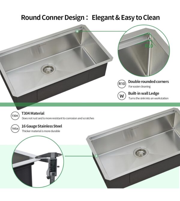 EcoChannels Undermount Kitchen Sink, 33 x 19 Inch Sink Kitchen 16 Gauge Stainless Steel Kitchen Sink - Image 6