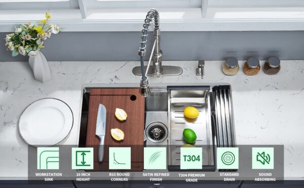 EcoChannels Undermount Kitchen Sink, 33 x 19 Inch Sink Kitchen 16 Gauge Stainless Steel Kitchen Sink - Image 7