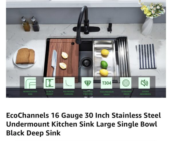 EcoChannels Undermount Kitchen Sink, 30 x 19 x 10 Inch Sink Kitchen 16 Gauge Stainless Steel Kitchen - Image 7