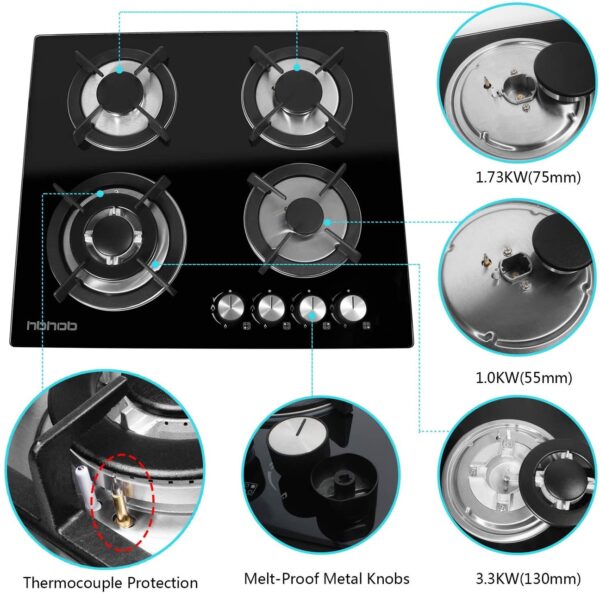 HBHOB HBG4601 24 Inches Gas Stove 4 Burners Glass Surface - Image 7
