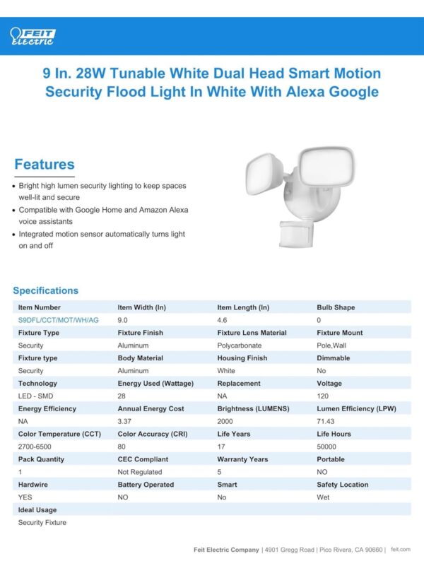 Feit Electric Dual Adjust Security Smart Tune Motion LED Flood Light 2K Lumen 120° Degree beam angle - Image 9