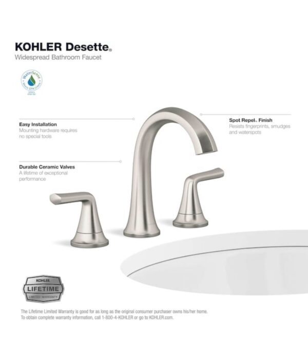 KOHLER Desette Brushed Nickel Widespread 2-Handle WaterSense Bathroom Sink Faucet with Drain - Image 4