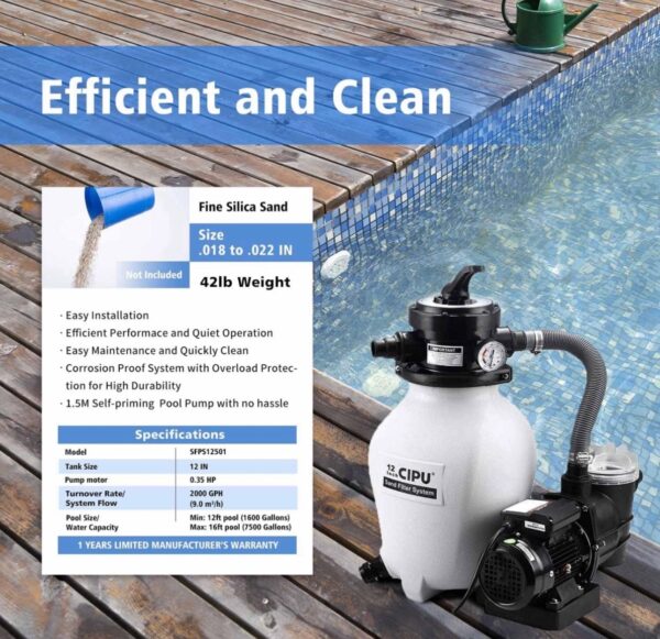 CIPU 12inch Sand Filter Pump System Handy 4-Way Valve for Above Ground Swimming Pools with Prefilter - Image 2