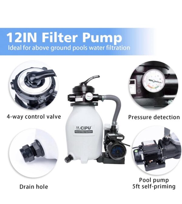 CIPU 12inch Sand Filter Pump System Handy 4-Way Valve for Above Ground Swimming Pools with Prefilter - Image 3