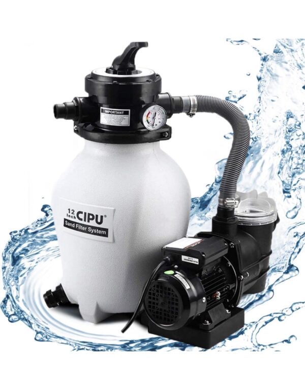 CIPU 12inch Sand Filter Pump System Handy 4-Way Valve for Above Ground Swimming Pools with Prefilter
