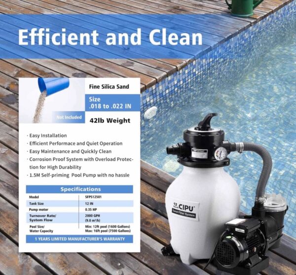 CIPU 12inch Sand Filter Pump System Handy 4-Way Valve for Above Ground Swimming Pools with Prefilter - Image 5