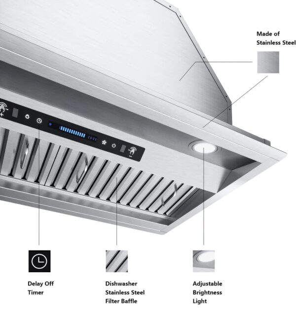 IKTCH 36 inch Built-in/Insert Range Hood 900 CFM, Ducted/Ductless Convertible Duct, Stainless Steel - Image 6