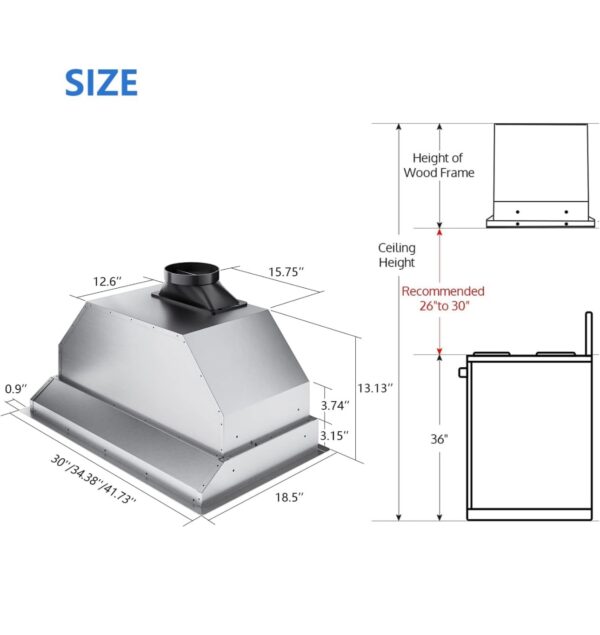 IKTCH 36 inch Built-in/Insert Range Hood 900 CFM, Ducted/Ductless Convertible Duct, Stainless Steel - Image 7
