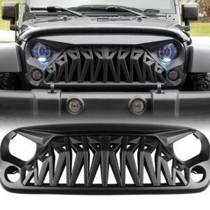 Matte Black Front Grill, Shark Grille Compatible with 2007-2018 Jeep Wrangler Rubicon Sahara Sport