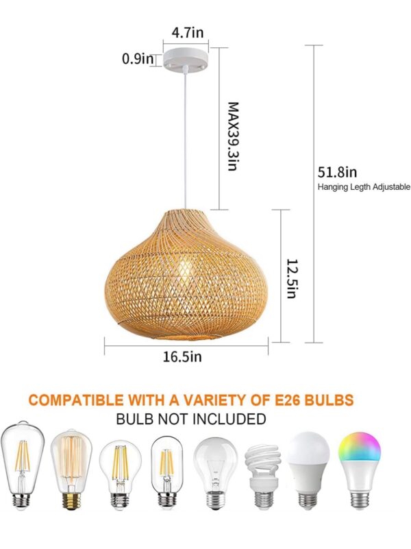 UShe DHome Rattan Pendant Lights, D16.5
Wicker Chandelier Hand-Woven Boho Pendant Light Rattan - Image 6