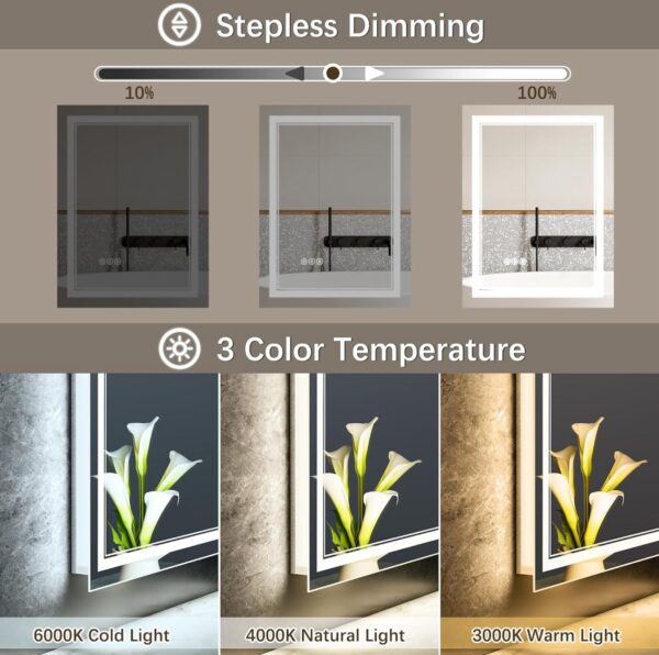 TIFULLHOME LED Bathroom Mirror 72x36 Inch with Front and Backlit, CRI 90+, 3 Colors & Stepless Dimmable Mirror - Image 2