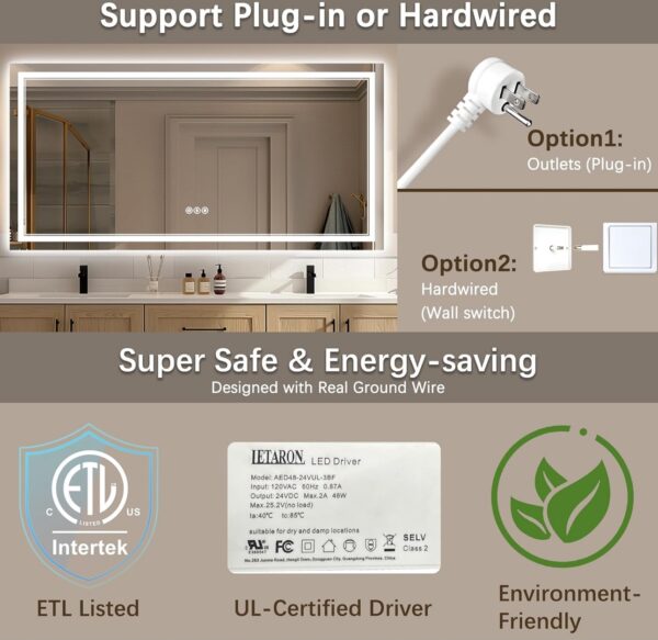 TIFULLHOME LED Bathroom Mirror 72x36 Inch with Front and Backlit, CRI 90+, 3 Colors & Stepless Dimmable Mirror - Image 4