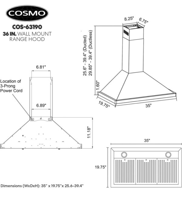 COSMO 63190 36 in. Wall Mount Range Hood with Ducted Convertible Ductless, Kitchen Chimney-Style - Image 2