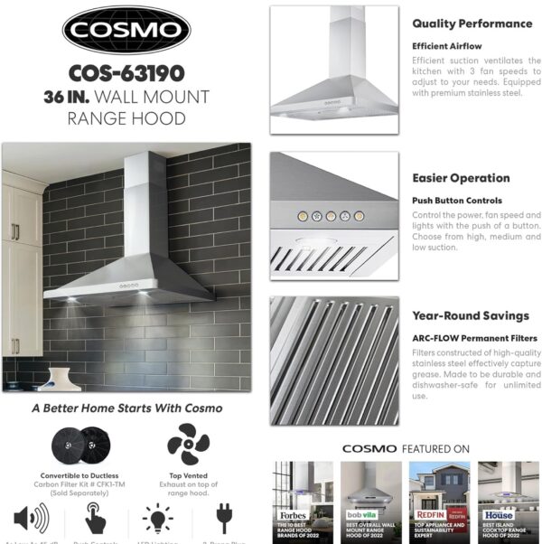 COSMO 63190 36 in. Wall Mount Range Hood with Ducted Convertible Ductless, Kitchen Chimney-Style - Image 3