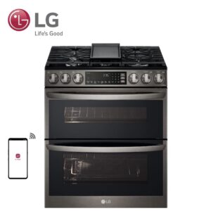 LG 30 in. W 6.9 cu. ft. Smart Slide-In Double Oven Propne Range with ProBake and InstaView PrintProof black Stainless Steel