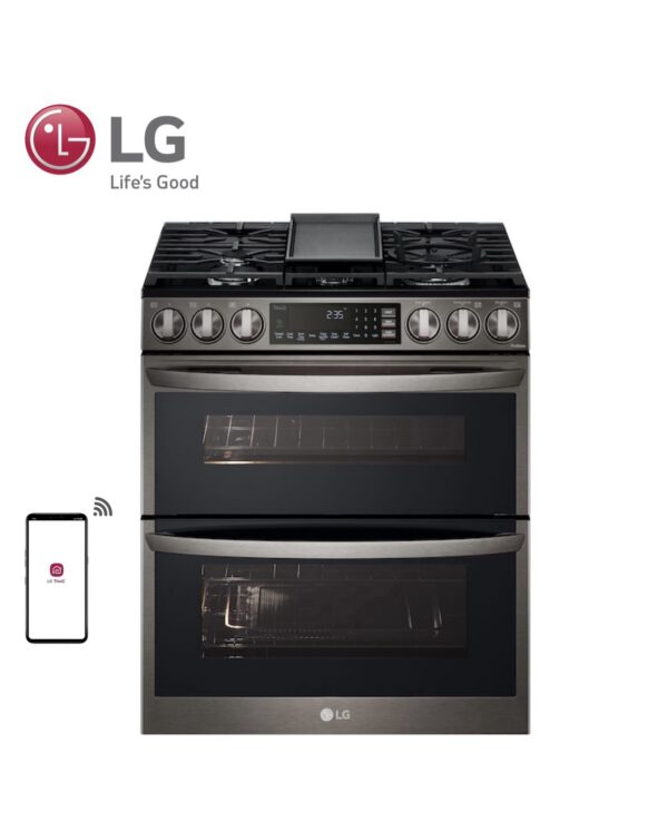 LG 30 in. W 6.9 cu. ft. Smart Slide-In Double Oven Propne Range with ProBake and InstaView PrintProof black Stainless Steel