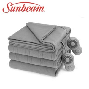 Sunbeam King Blanket Grey Fleece, 12 Heat Settings, 12-Hour Auto Shut-Off, Electric Heated Blanket