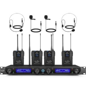 MicrocKing UHF Wireless Microphone System Cordless Lapel/Headset/Lavalier Mic(4 Bodypacks)