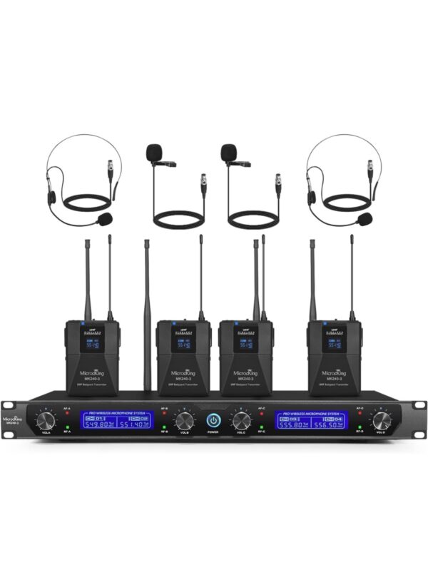 MicrocKing UHF Wireless Microphone System Cordless Lapel/Headset/Lavalier Mic(4 Bodypacks)