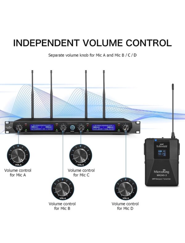 MicrocKing UHF Wireless Microphone System Cordless Lapel/Headset/Lavalier Mic(4 Bodypacks) - Image 2