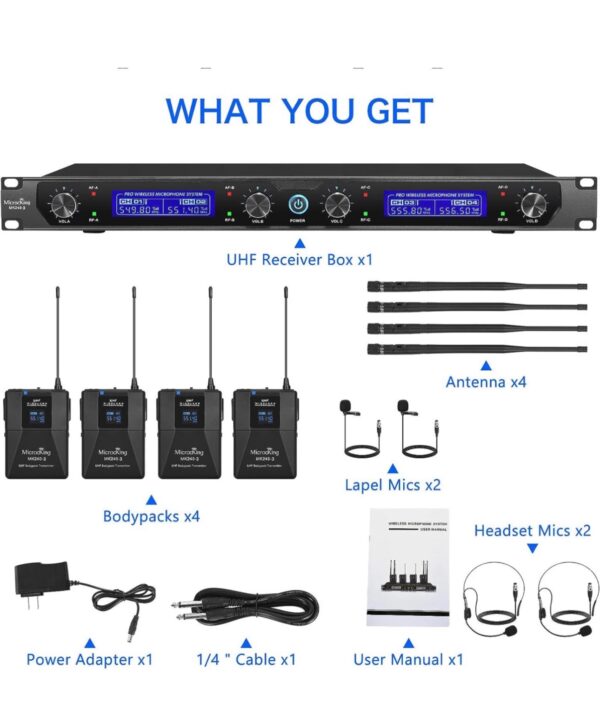 MicrocKing UHF Wireless Microphone System Cordless Lapel/Headset/Lavalier Mic(4 Bodypacks) - Image 7