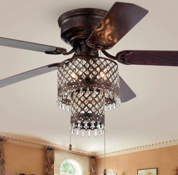 Warehouse of Tiffany Arin Rustic Bronze 52-Inch 5-Blade Lighted Flush Mount Ceiling Fan with Crystal - Image 3