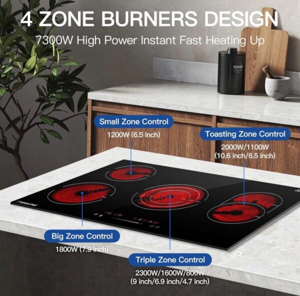 AMZCHEF Built-in Radiant Electric Cooktop 30 Inch, 240V With 4 Burners and Sensor Touch Control - Image 3