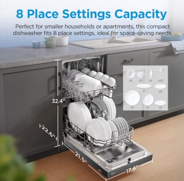 Midea 18-in Front Control Built-in Dishwasher ( Black ) ENERGY STAR, 52-Decibel Standard Sound Level - Image 2