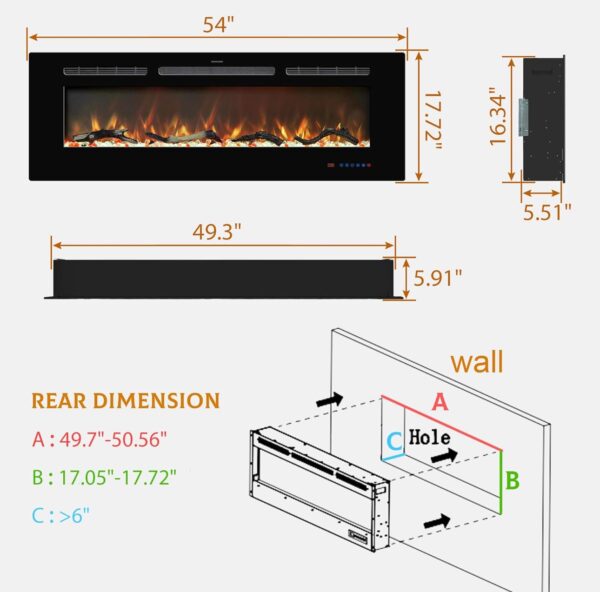 54 inches Electric Fireplace Inserts, Recessed and Wall Mounted Fireplace Heater, Linear Fireplace - Image 3