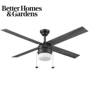 Better Homes & Gardens 52" Black Modern Indoor/Outdoor Ceiling Fan with Light, 4 Blades, Pull Chains