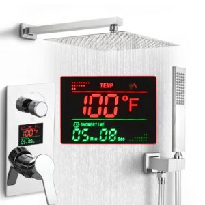 SKWOLL Polished Chrome Shower Faucet Set Rain Shower Head Digital Shower System 12 Inch Wall Mount