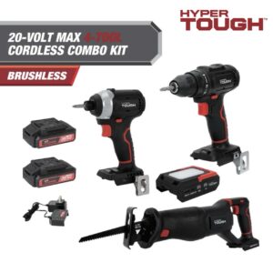 Hyper Tough 20V Brushless 4-Tool Combo Kit,Drill Driver, Impact Driver, Reciprocating Saw, LED Light